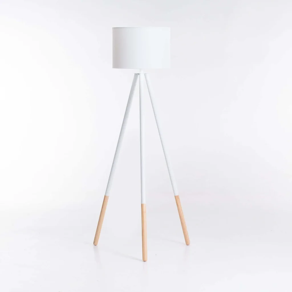 FLOOR LAMP WOODEN TRIPOD WHITE FABRIC SHADE 156cm