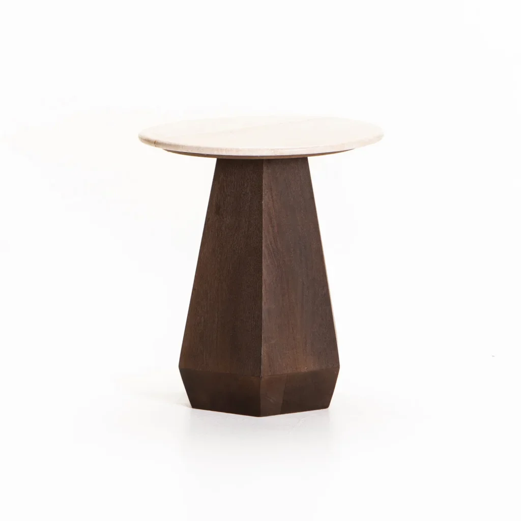RANI 45cm ROUND TRAVERTINE & SOLID WOOD SIDE TABLE